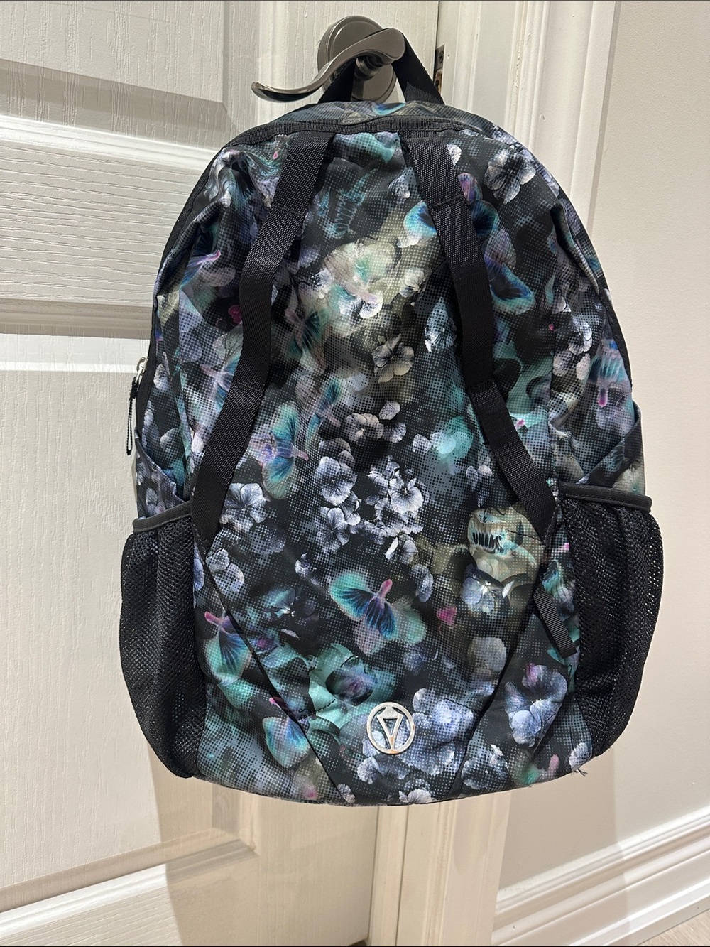 Ivivva Black Floral Backpack with Teal and Purple Highlights